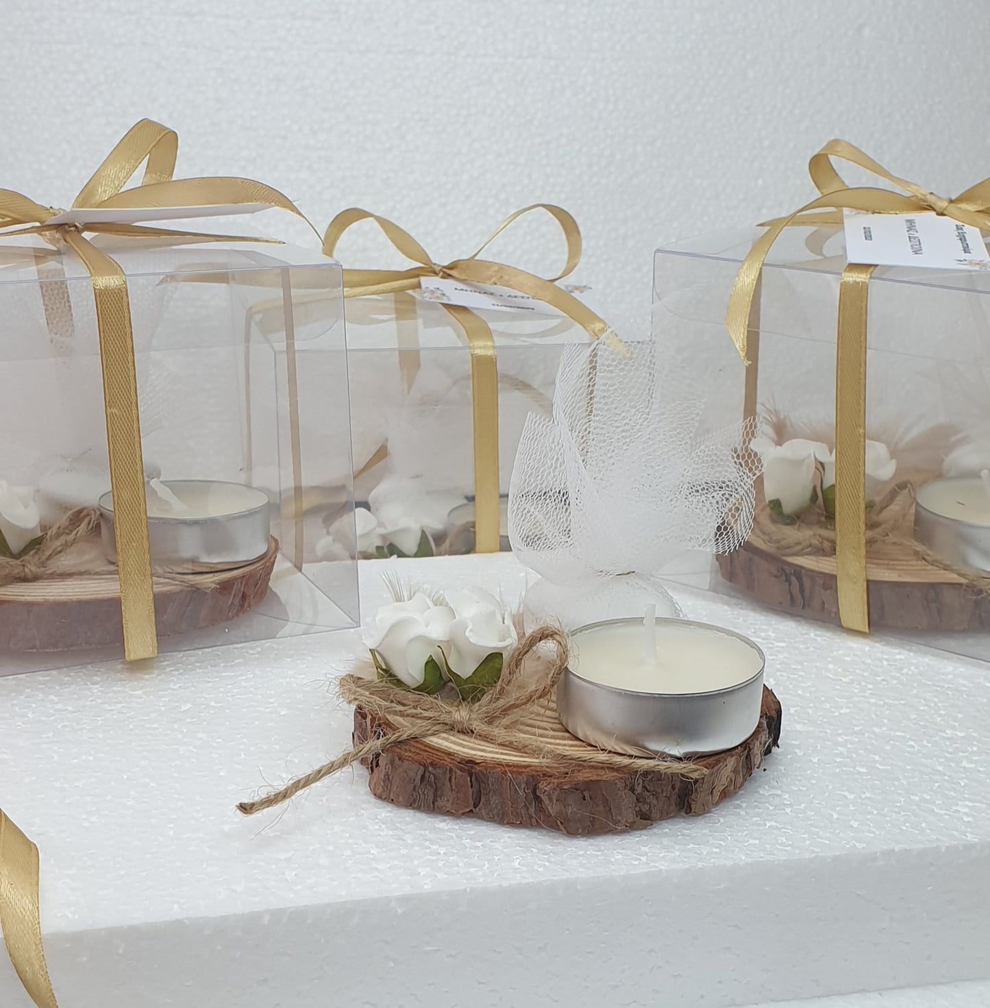 Candle on wood wedding favors
