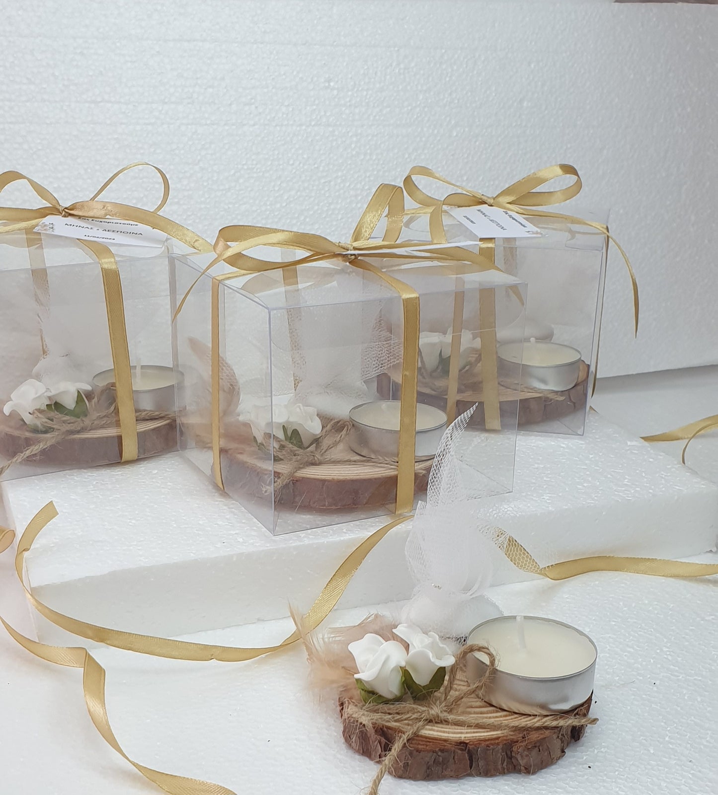 Candle on wood wedding favors