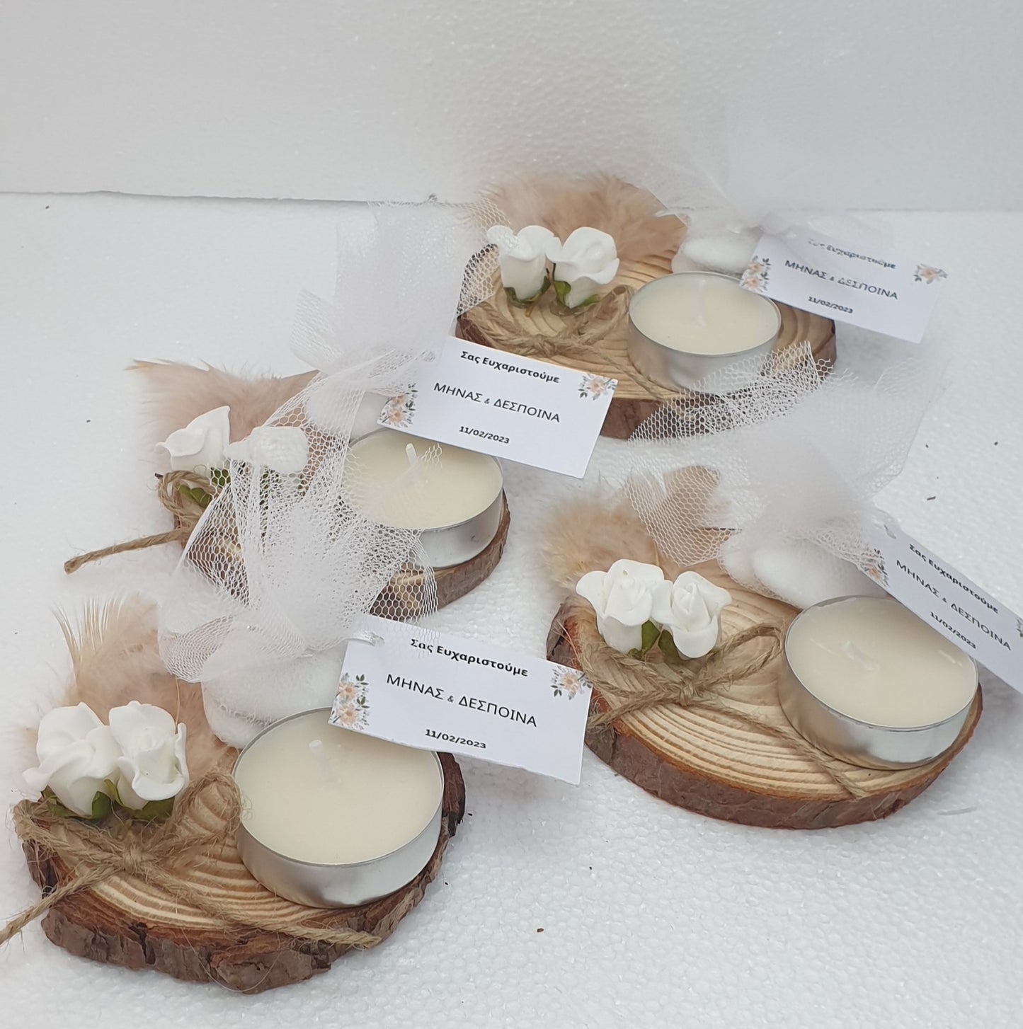 Candle on wood wedding favors