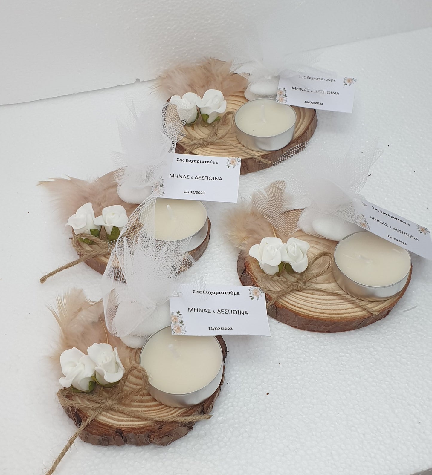 Candle on wood wedding favors