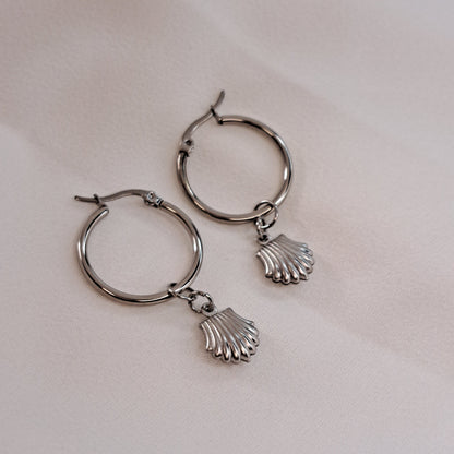 Silver Sea Shell Hoop Earrings