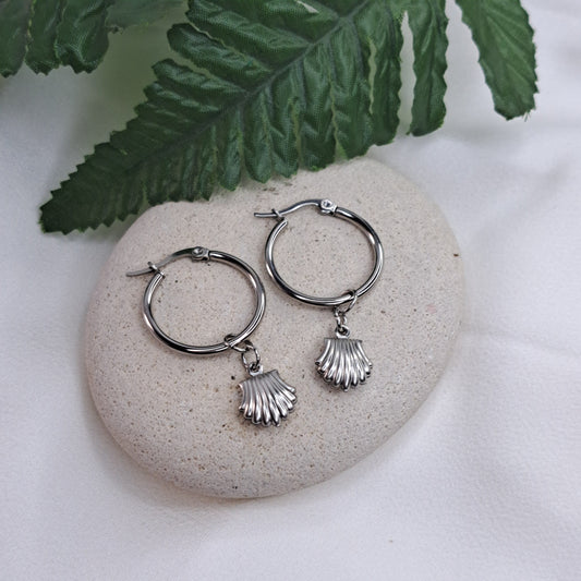 Silver Sea Shell Hoop Earrings