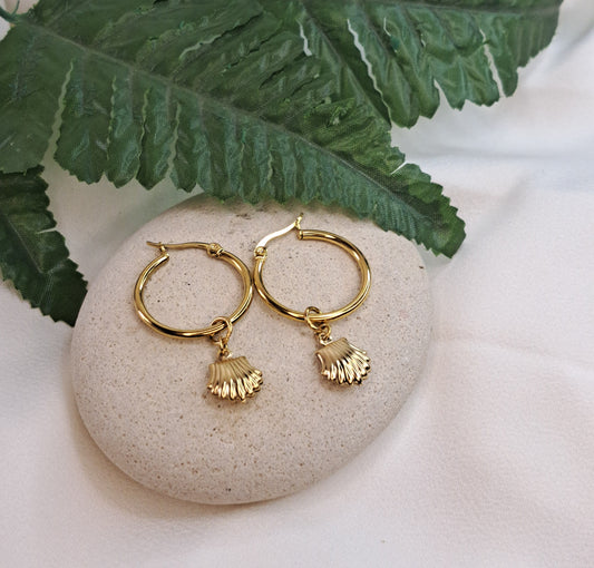 Gold Sea Shell Hoop Earrings