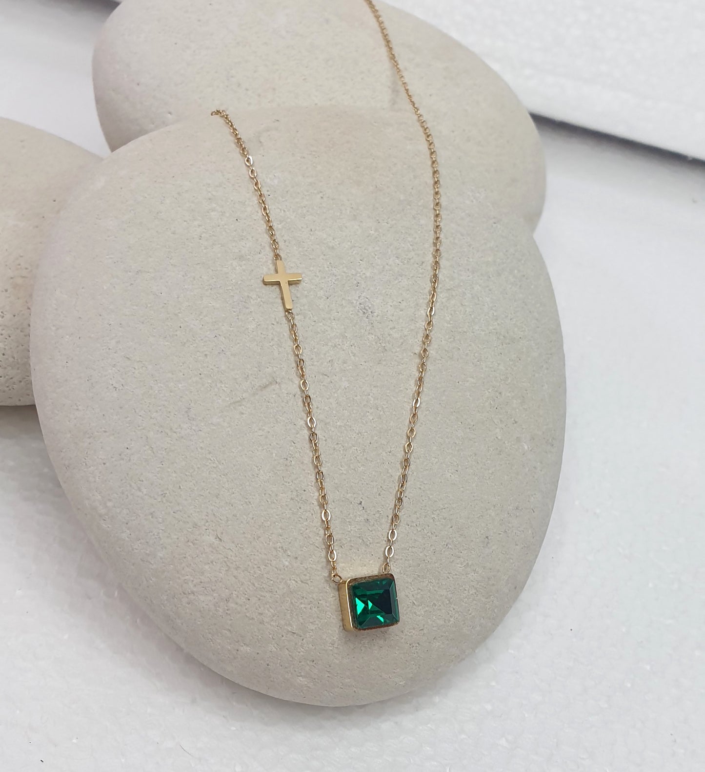 Green Gemstone necklace with cross